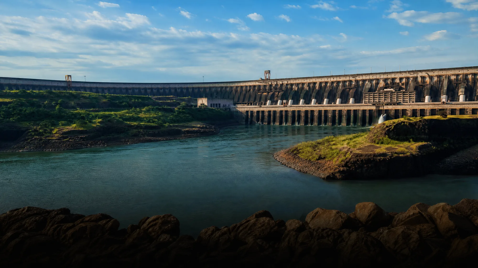The Itaipu Dam spans 7.9 kilometers across the Paraná River. It is one of the highest-producing hydroelectric power plants in history.